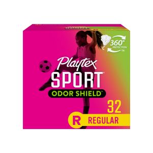 Playtex Sport Odor Shield Regular Absorbency Tampons, Plastic Applicator Tampons, 32 Ct, Up To 2X More Odor Protection, 360 Degree Sport Level Period Protection, Traps Leaks, No-Slip Grip Applicator"