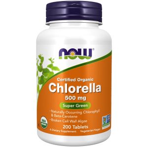 NOW Supplements, Organic Chlorella 500 mg with naturally occurring Chlorophyll, Beta-Carotene, mixed Carotenoids, Vitamin C, Iron and Protein, 200 Tablets"