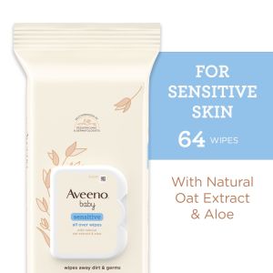 Aveeno Baby All Over Baby Wipes For Sensitive Skin with Oat and Aloe, Alcohol Free & Unscented, 64 Ct"