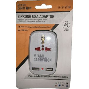 Miami Carry On 3 Prong USA Adaptor Power or Charge - 2 USB Ports