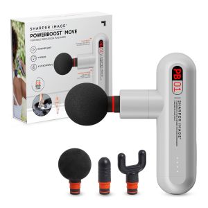 Sharper Image Deep Tissue Portable Percussion Massage Gun, Powerboost Move Full Body, Back & Neck Muscle Massager with 4 Attachments - Handheld Rechargeable Electric Massage Gun for Athletes"