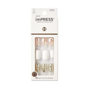 KISS imPRESS No Glue Mani Press On Nails, Design, Astound', White, Short Size, Squoval Shape, Includes 30 Nails, Prep Pad, Instructions Sheet, 1 Manicure Stick, 1 Mini File"