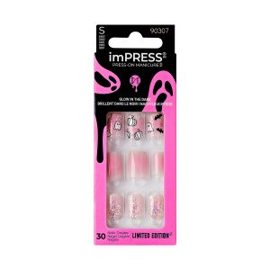 KISS imPRESS Press-On Manicure Halloween, Pink, Short Length, 'Bad Bone', Square Shape, 33 Ct."