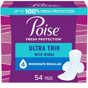 Poise Ultra Thin Incontinence Pads for Women, with Wings, 4 Drop, Moderate Absorbency, Regular, 54 Count"