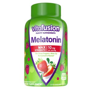 vitafusion Max Strength Melatonin Sleep Aid Gummy Supplements, Strawberry Flavor, 10 mg, 100 Count"