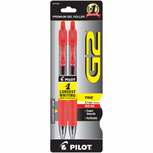 Pilot G2 Retractable Gel Roller Pens, Fine Point, Red, 2 Pk"