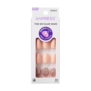 KISS imPRESS No Glue Needed Press On Nails, Design, Evanesce, Beige, Short Oval, 30 Count"