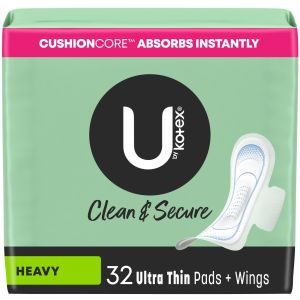 U by Kotex Clean & Secure Ultra Thin Pads with Wings, Heavy Absorbency, 32 Count"