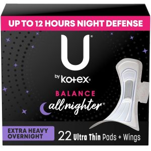 U by Kotex Balance Ultra Thin Overnight Pads with Wings, Extra Heavy Absorbency, 22 Ct"