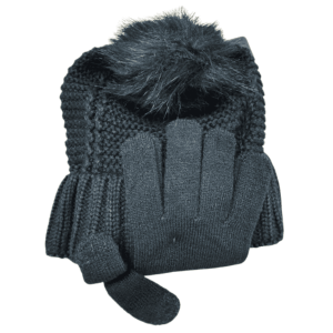 Winter Essentials Women’s Black Pompom Hat and Texting Tip Glove Gift Set, Made with Recycled Fiber"