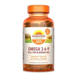 Sundown Omega 3 6 9, With Flax, Fish and Borage Oils, Supports Heart and Circulatory Health, 200 Softgels (Packaging May Vary)"