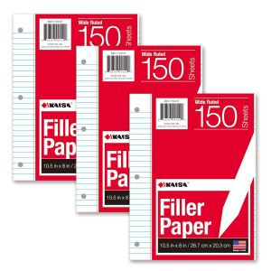 KAISA Filler Paper Loose Leaf Paper, Wide Ruled Paper, 8""x10-1/2"", 3-Hole Punched Binder Paper For 3-Ring Binders,150 Sheets/pack 3Pack, F15001W"