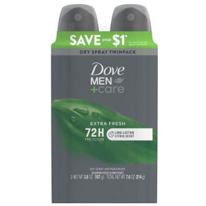 Dove Men+Care Antiperspirant Deodorant Dry Spray Twin Pack, Citrus, 3.8 oz"