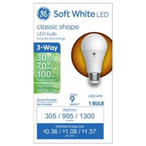 GE 93130562 LED 3-Way Light Bulb, A19 Medium Base, Soft White, 3/9/13 Watt - Quantity 1"