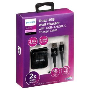 Philips Wall Charger Charging Kit, 2 Port, 12W, USB-A to USB-C, 6ft Braided, for iPhone 12/11/Pro/Max/XS/XR/X/8, iPad Pro, Samsung Galaxy S21/S10/S9/Plus, Google Pixel 5/C/3/2/XL, Black, DLP6212C/37"