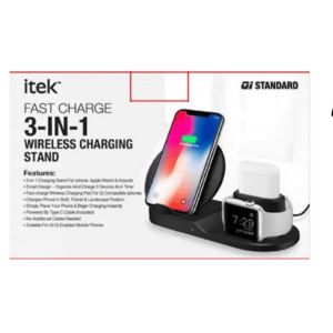 Itek 3-in-1 Qi Wireless Charging Stand with USB-C Cable, Black - Streamline Your Charging Needs in Style"