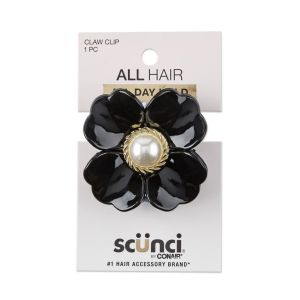 Scunci Flower Claw Clip with Pearl Embellishment, Black"