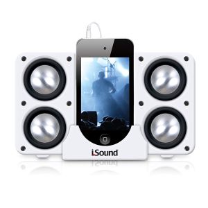 Open Box iSound Quad-X Portable Foldable USB or Battery Powered 3.5mm Wired Speaker Dock System, White"