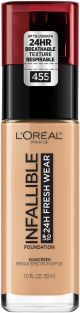 L'Oreal Paris Infallible Fresh Wear 24 Hr Liquid Foundation Makeup, 455 Natural Buff, 1 fl oz