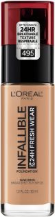 L'Oreal Paris Infallible Fresh Wear 24 Hr Liquid Foundation Makeup, 495 Amber, 1 oz